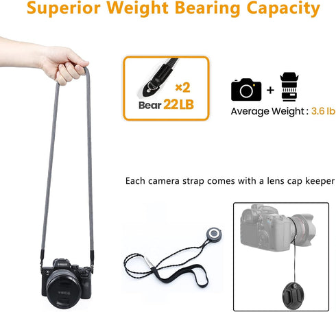 Camera Shoulder Strap Climbing Rope Camera Neck Strap for Mirrorless and DSLR Cameras, with Lens Cap Keeper (Silver)