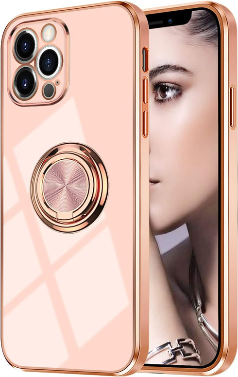 Omorro Rose Gold iPhone 13 Pro Case - Kickstand Ring Holder with 360 Rotation, Slim Luxury Girly Case