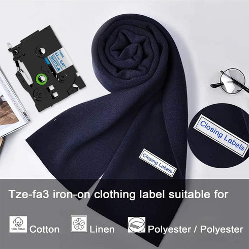 Fimax Compatible Fabric Iron-on Clothing Label for Brother P Touch Fabric Tape TZe-FA3, Navy Blue on White, 4PK