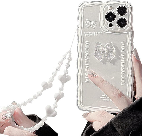Casechics iPhone Xs Max Case: Cute 3D Crystal Bow Tie, Soft Shockproof Cover with Heart Wristband Strap (White)