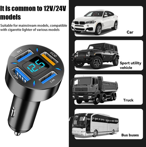 4 Ports USB Car Charger, 66W Super Fast Charging with QC 3.0, PD 20W, USB 2.4A Adapter, LED Voltmeter, Auto Cigarette