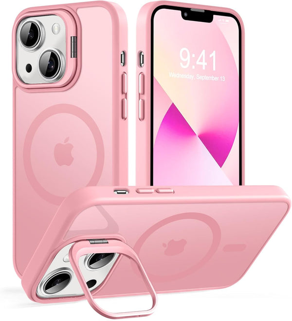 Magnetic iPhone 13 & 14 Case, Compatible with Magsafe, Built-in Stash Stand, Matte Scratch-Resistant Shockproof Cover