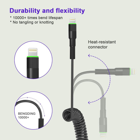 MFi Certified Coiled Lightning Cable for Apple Carplay, Retractable USB to Lightning Charger with LED for