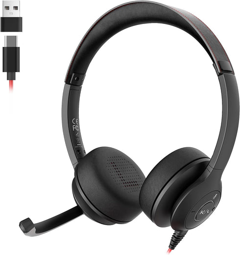 Headset Headset USB with Microphone for PC/Laptop, Wired Headphones with Noise Cancelling Mic, USB C & USB A, All-day