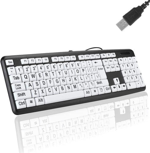 Luqeeg Large Print Computer Keyboard, USB Wired 104 Keys Black White High Contrast Keyboard for Low Vision Users