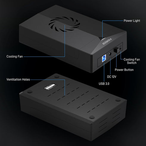 FIDECO 3.5 2.5 inch 12V Hard Drive Enclosure for or SATA HDD SSD, SATA to USB Adapter with Cooling Fan, External HDD