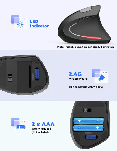 TECKNET 2.4G 4800 5 6 Ergonomic Mouse Vertical Wireless - DPI Optical Carpal Tunnel Mouse Right Hand, Adjustable DPI