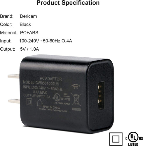 Dericam 5V 1A Micro USB Wall Charger with 5ft Cable for Android, Kindle Fire, Security Cameras - US Plug (Black)