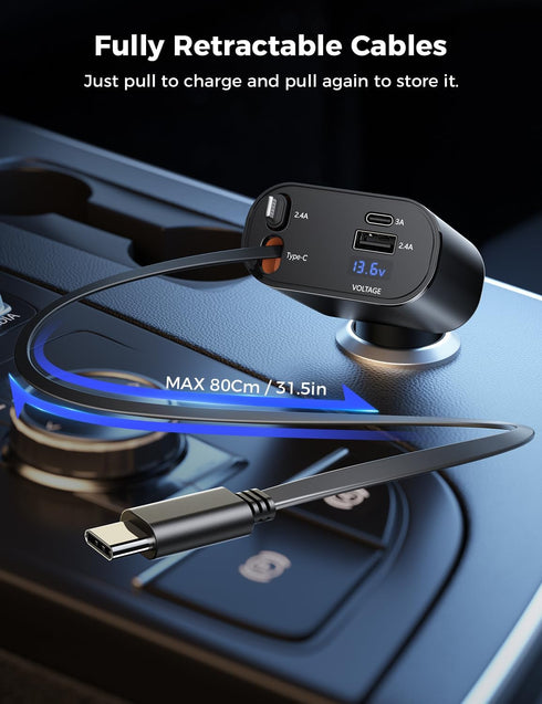 SUPERONE Retractable Car Charger for iPhone, 4 in 1 USB C Adapter with Dual Lightning Cables, PD 60W Fast Charging
