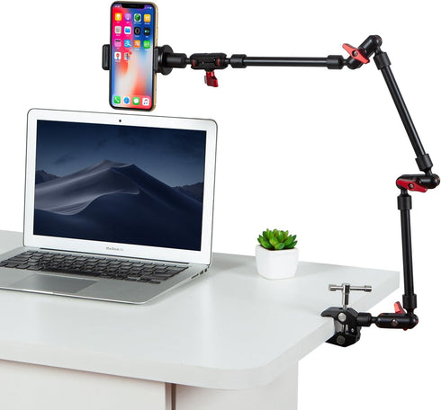 Adjustable Articulating Magic Arm with Clamp and Phone Holder Clip for Desk Mount, Cell Phone Tripod