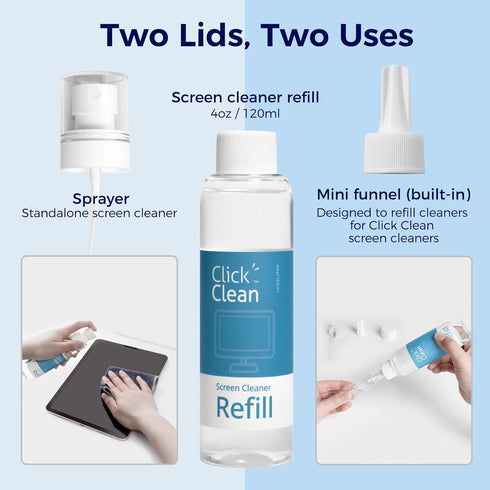 Click Clean Screen Cleaner Refill Kits - 4 oz Cleaner Refill, Microfiber Cloth, Mini Refill Funnel, and Sprayer