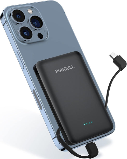 Slim Portable Charger 5000mAh, Compact Mini Power Bank with Built-in Cable for iPhones and Airpods