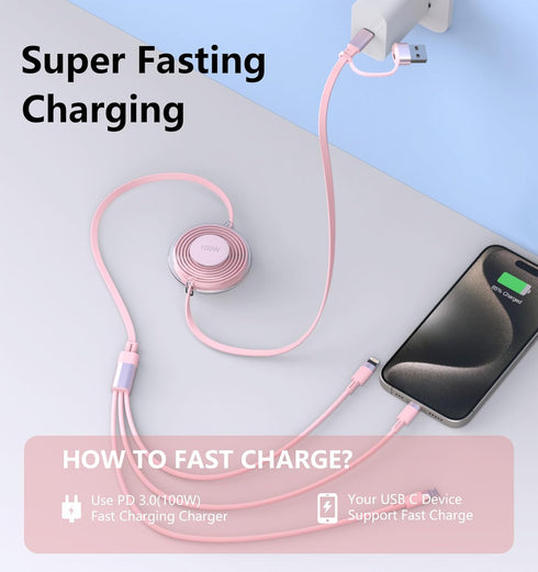 Multi Charging Cable Retractable, Pink 5in1 USB A/C to USB C/Lightning/Micro USB Fast Charging Cord