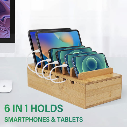 Bamboo Charging Station for Multiple Devices, Upgrade Desk Docking Stations Organizer for Apple Devices, Wood Charging Cell Phone Holder Stand (Includes 6 Cables) (NO Power Supply)