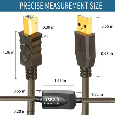 2.0 50ft USB Printer Cable - High Speed Active A to B Cord for Printers, Scanners, Fax Machines