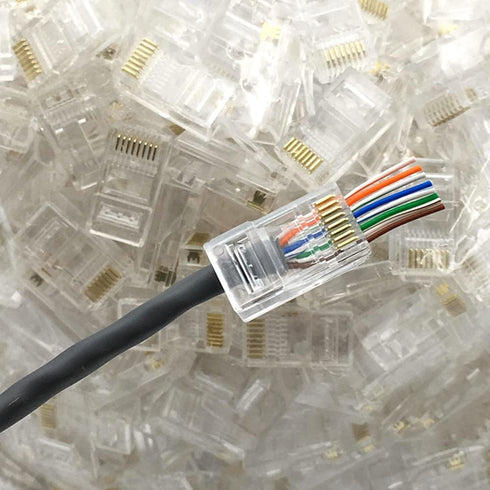 PETECHTOOL RJ45 CAT5 CAT5e Pass Through Connectors 50 Pack - Gold Plated Modular Plug for Ethernet Cables