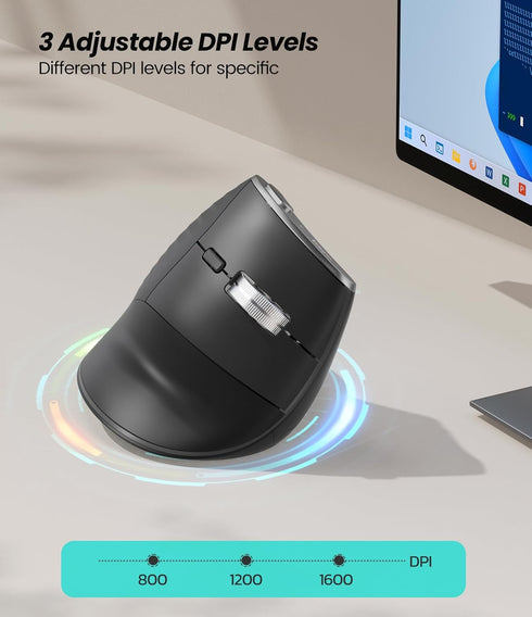 Nulea M510 Wireless Vertical Mouse, Ergonomic Design, 3 Adjustable DPI, Compatible with Windows, Mac OS, Grey