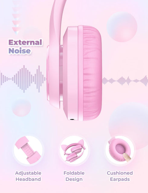 iClever Meow Donut-Pink Kids Headphones, Foldable Over-Ear, Safe Volume Limit, LED Cat Ears, Ideal for School/Travel.