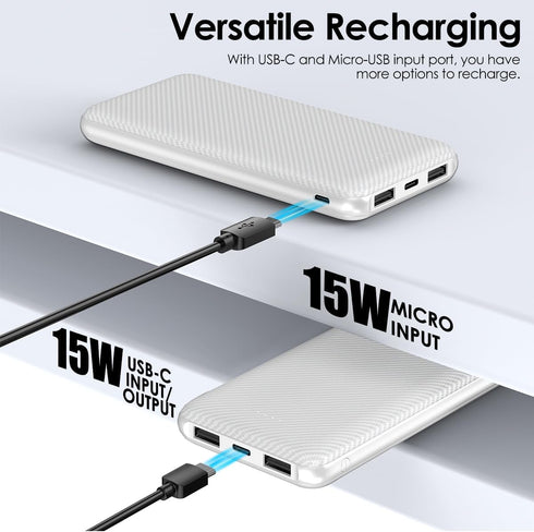 POTENIGO 10000mAh Slimmer Pack 5V/3A Power Bank Portable Charger, Battery with USB C Input & Output, Travel Essentials