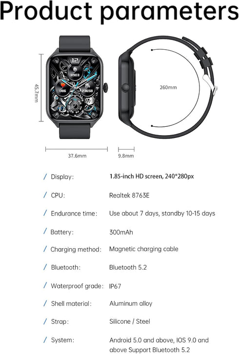Smart Watch for Men Women, 1.85" Fitness Tracker with Heart Rate, Blood Oxygen, Pedometer, 100+ Sport Modes, Black