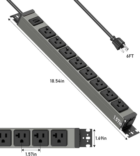 JUNNUJ Heavy Duty Power Strip Wall Mount, 20 Amp Surge Protector with 8 Outlets and 6FT Extension Cord