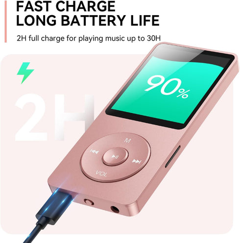 AGPTEK A02 MP3 5.3, 1.8 inch 128GB(Rose 32GB) Player with Bluetooth Screen Portable Music Player with Speaker, FM