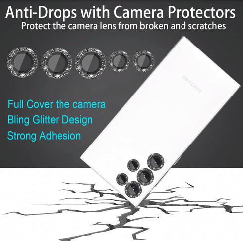 Compatible with Samsung Galaxy S23 Ultra Camera Lens Protector Glitter Bling, S23 Ultra Camera Cover, Tempered Glass Clear Screen Protector Accessories, Phone Case Friendly, 5+5 Pack (Black)