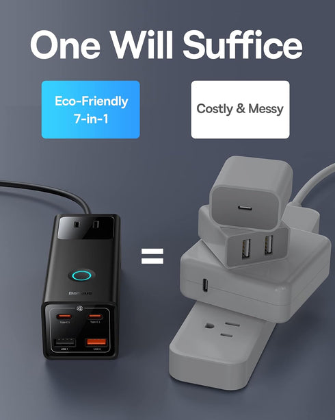 Baseus 65W Charging Station, 7 in 1 Power Strip USB C GaN Charger with 5ft Extension Cord, Fast Charging for Laptops
