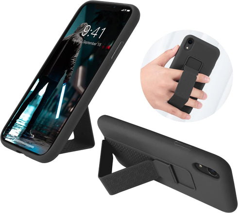 LAUDTEC iPhone XR Case Compatible, Silicone Kickstand with Hand Strap, Flexible Soft Liquid Silicone Stand Case - Black