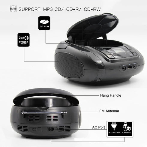 LONPOO Portable Boombox, CD Player, Bluetooth, USB, MP3, AUX, FM Radio, Built-in Stereo Speakers, Carrying Handle, LCD