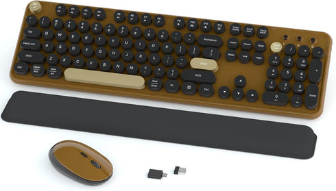 Wireless Full Size Retro Keyboard and Mouse Combos, 2.4Ghz Optical Mouse for Windows, Mac, PC, Laptop (Coffee-Black)