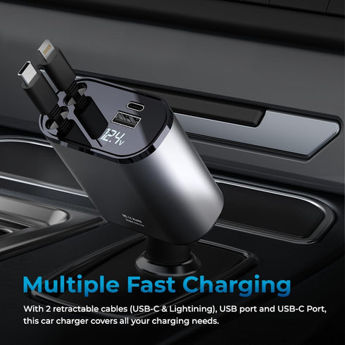 AutoSky 4 in 1 Retractable Car Charger - 100W USB C & iPhone Cable, Fast Charger with USB-C, USB-A Ports for iPhone,