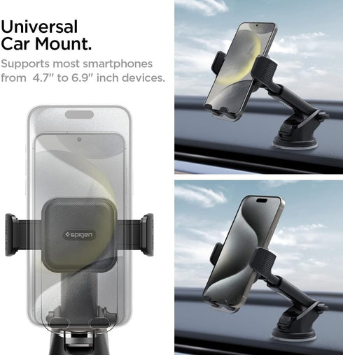 Spigen 360 17/16/15, S26/S25, 10, Universal Car Phone Holder, Dashboard Windshield Mount with Rotating Head, Telescopic