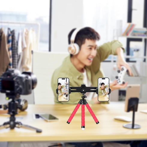 JoyHuaTrade 360 1/4'' Dual Phone Holder Phone Tripod Mount Adapter, Universal Rotation Adjustable Clip Stand for Vlog