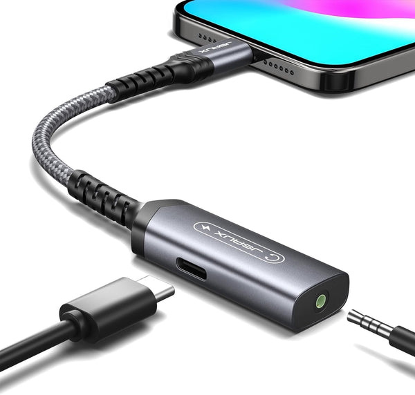JSAUX USB C to 3.5mm Headphone and Charger Adapter, 2-in-1 AUX Mic Jack with PD 60W Fast Charging for iPhone 15 Pro