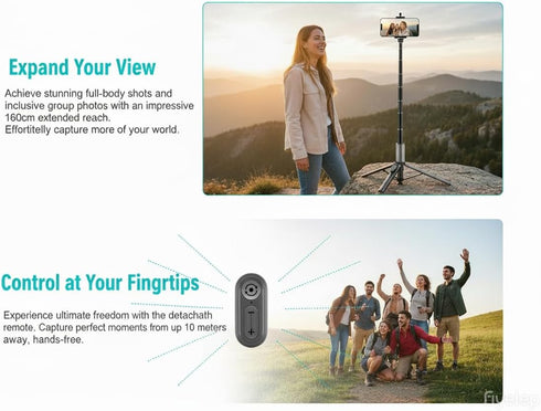 VistaGrip 63 10M Selfie Stick Tripod for iPhone/Android - Expandable Phone Tripod with Fill Light, Bluetooth Remote