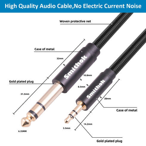 2pack 1/8 1/4 Cable,6.35mm 1/4" 3.5mm 1/8" 10Ft(3m) Smithok to Stereo Audio Male to Male TRS Bidirectional Stereo Audio