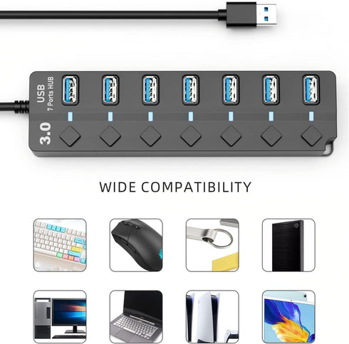 SNLLMZI 7-Port 3.0 4ft/1.2m Pro,PS4/5,Flash USB Hub for Laptop, USB Hub Splitter with Individual On/Off Switches