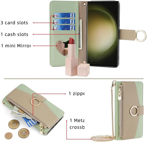 Asuwish Phone Case for Samsung Galaxy S23 Ultra 5G Wallet Cover with Screen Protector and Mirror Flip Cover Ring Card Holder Crossbody Strap Cell S23Ultra 23S S 23 23Ultra 6.8 inch Women Girls Green