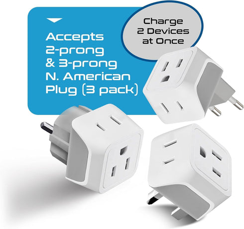 Ceptics Complete European Travel Adapter Set - 3 Pack, Safe Grounded for Cell Phones, Laptops, USA to Europe