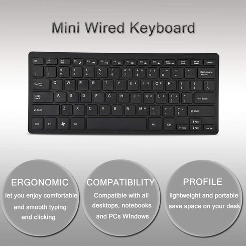 Yoidesu Mini Wired Keyboard, Thin Full Size USB Corded Keyboard for PC, Computer, Laptop, Windows