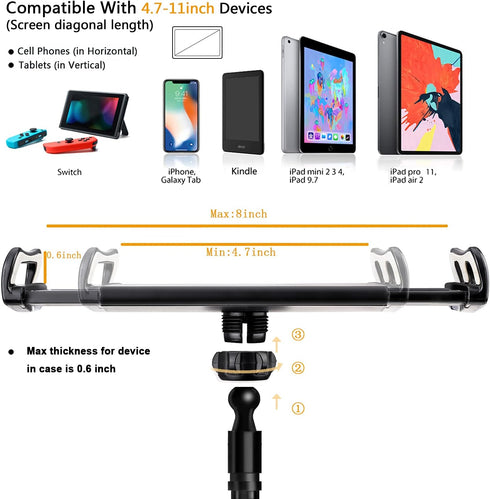 Gooseneck Tablet Stand Kindle Holder for Bed, Tablet Stand with Adjustable Flexible Arm Clamp Mount Clip Holder for Phone iPad Air Mini | Galaxy Tabs | Kindle Fire | Switch or Other 4.7-10.5" Devices by SRMATE