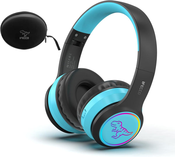IFECCO Wireless Kids Headphones with Microphone, Cute Light Up Dinosaur Bluetooth Headphones with Case for Travel Gifts