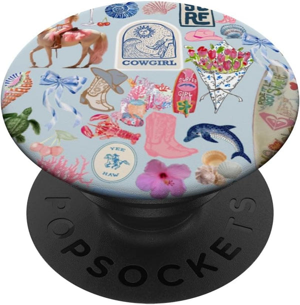 Coastal Retro Cowgirl Vibrant Floral Ocean Preppy Collage PopSockets Standard PopGrip