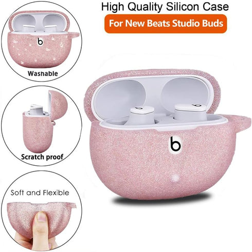 Olytop for Beats Studio Buds/Buds + Case with Cleaner kit 2021/2023, Soft Silicone Case New Beat Studio Buds Plus Cover Protective Skin with Keychain, Cleaning Pen for Beat Studio Earbuds, Rose Gold