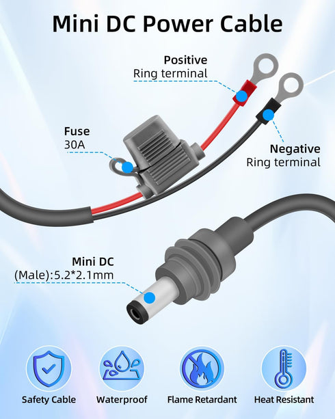 GELRHONR DC5521 18AWG 5.5x2.1MM 8MM 30A 10FT Mini to O Ring Extension Cable, DC to Eyelet Direct Battery Power Cable