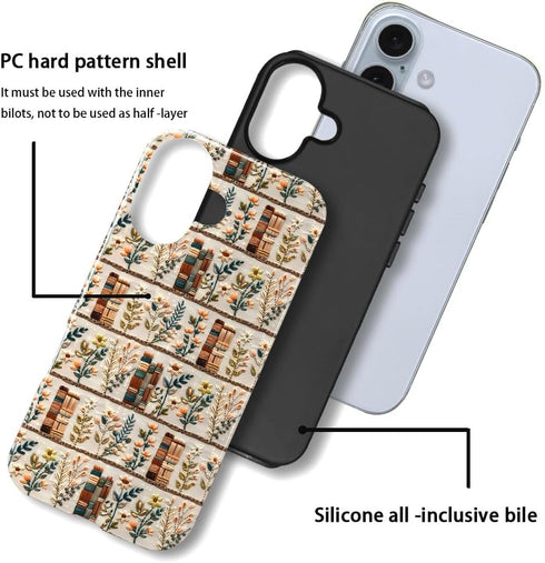 Generic 16,Embroidery Case for iPhone Floral Bookshelf Phone Case Slim Silicone Shockproof Cover for Girls WomenGlossy