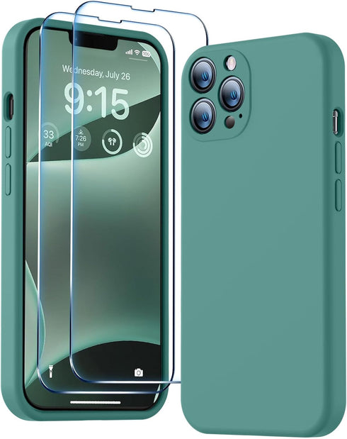 BossKiss iPhone 13 Pro Case, Pine Green Premium Silicone with Camera Protection & 2 Screen Protectors