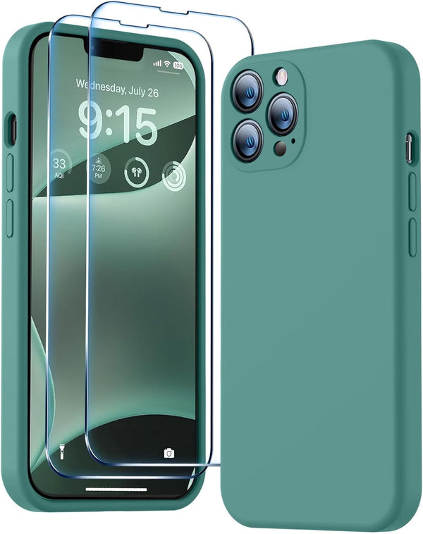 BossKiss iPhone 13 Pro Case, Pine Green Premium Silicone with Camera Protection & 2 Screen Protectors