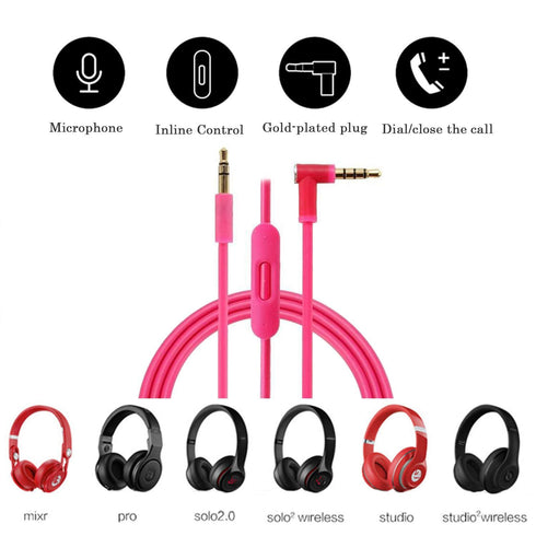 Replacement Audio Cable Cord with In-line Microphone - Compatible with Beats Headphones Solo, Studio, Pro, Detox, Pink